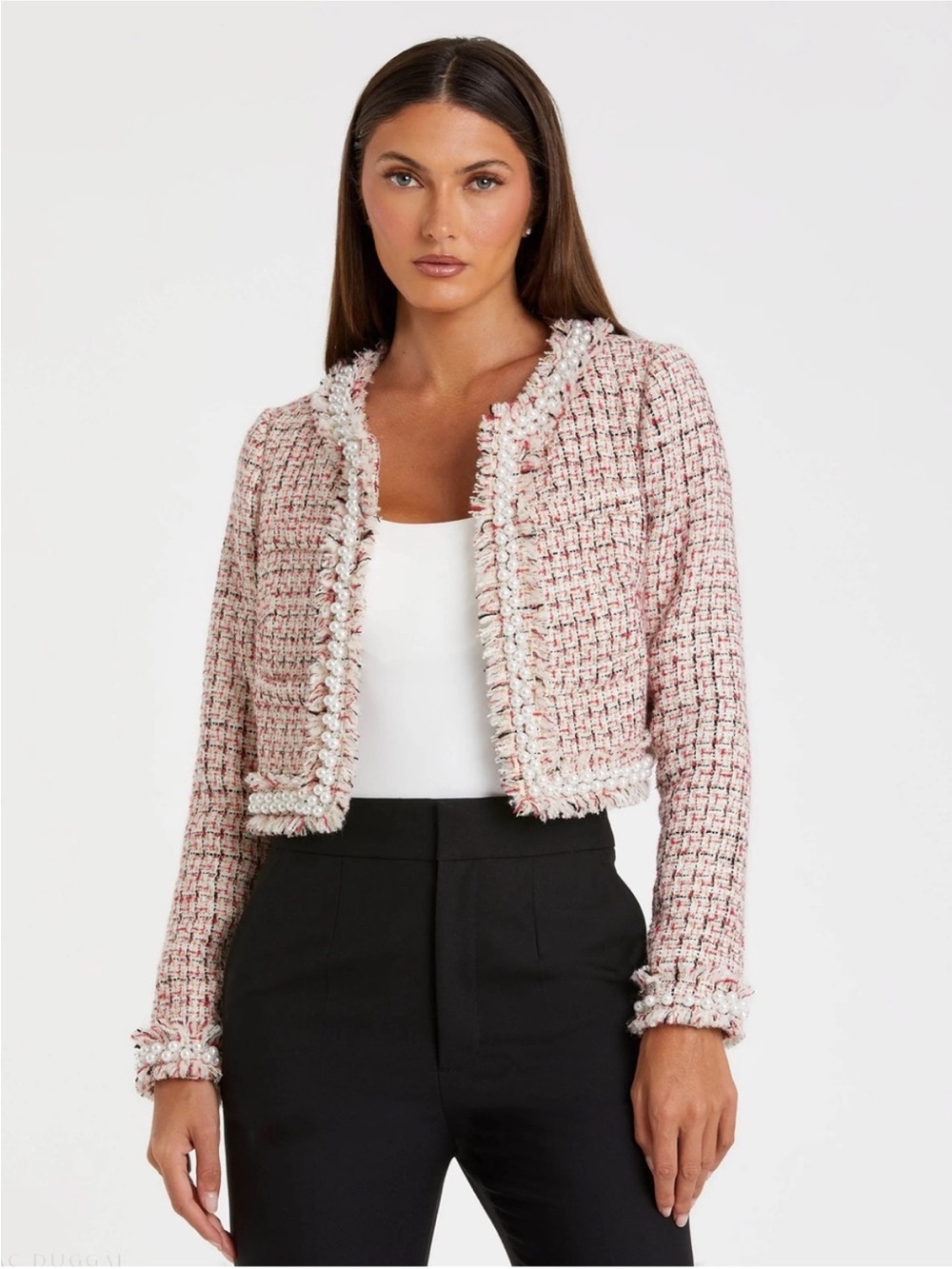 NWT Mac Duggal Multicolor Pearl Trim Tweed Long Sleeve Cropped Blazer L - Picture 2 of 6